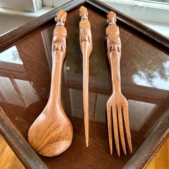 Vintage Hand Carved African Tribal Knife Fork Spoon Serving Utensils - Picture 13 of 15